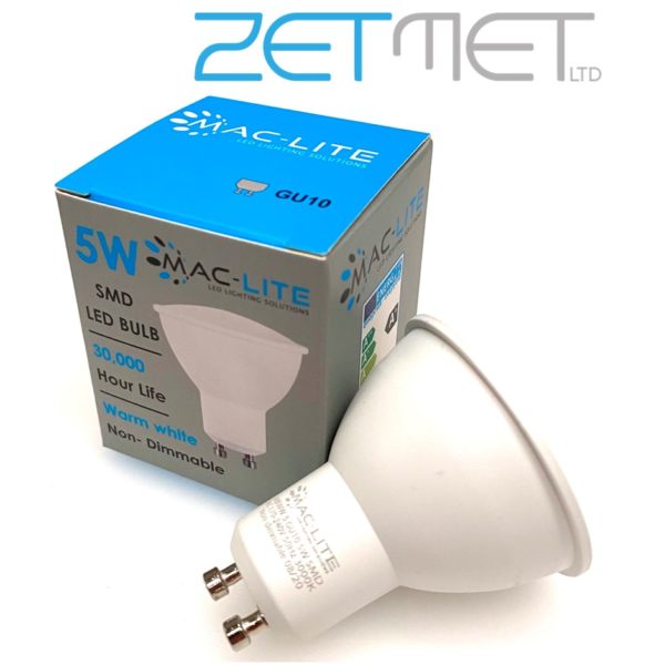 MacLite MBWW-5 5W SMD LED Warm White 3000K Non Dimmable GU10 Spotlight Bulb