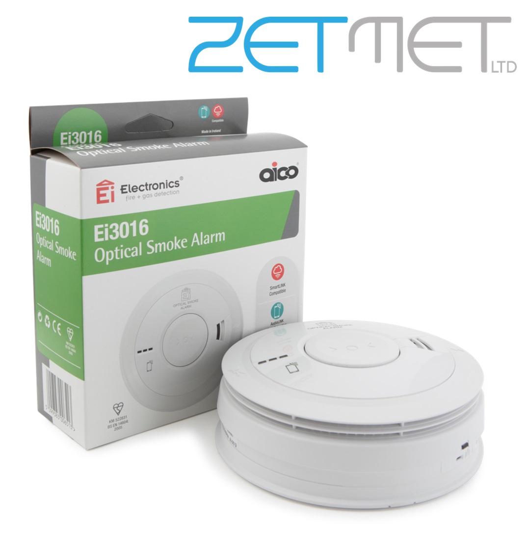 Aico Ei3016 3000 Series White 230V Mains Optical Smoke Alarm with Rechargeable Battery