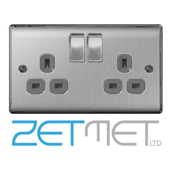 BG Nexus NBS22G Brushed Steel 13 Amp 2 Gang Double Pole Switched Socket Grey Insert