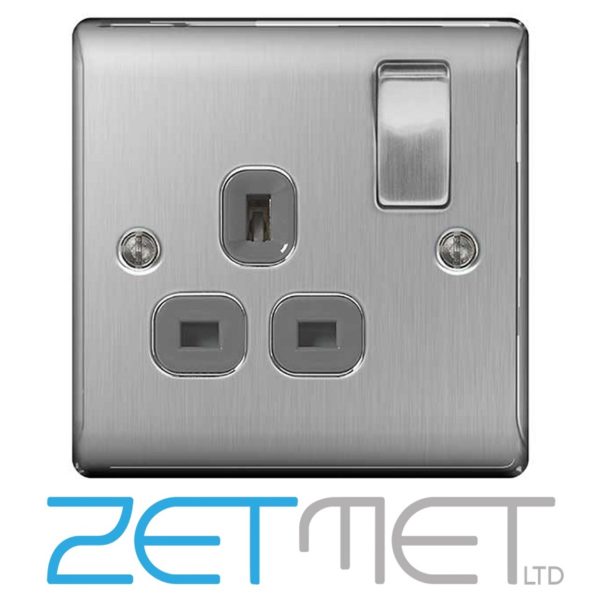 BG Nexus NBS21G Brushed Steel 13 Amp 1 Gang Double Pole Switched Socket Grey Insert