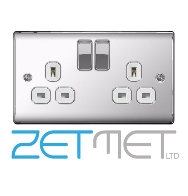 BG Nexus NPC22W Polished Chrome 13 Amp 2 Gang Double Pole Switched Socket White Insert