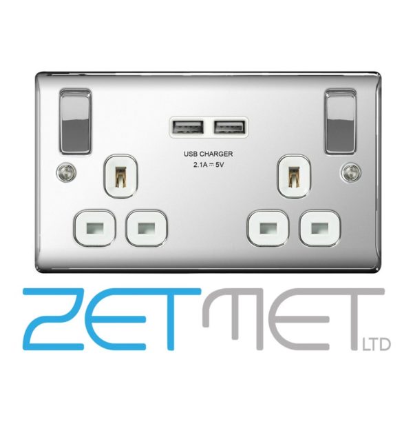 BG Nexus NPC22U3W Polished Chrome 13 Amp 2 Gang Switched Socket With 2 USB Ports White Insert