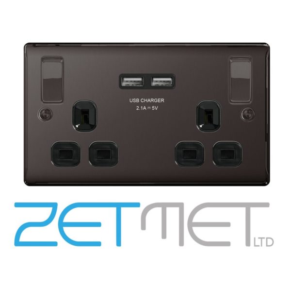 BG Nexus NBN22U3B Black Nickel 13 Amp 2 Gang Switched Socket With 2 USB Ports Black Insert