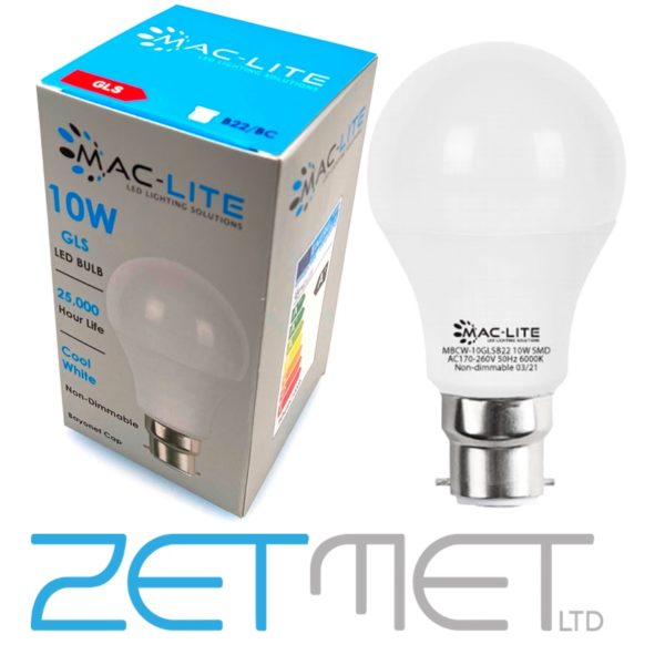 MacLite 10W LED GLS B22 BC Non-Dimmable Bulb Cool White (6000K)