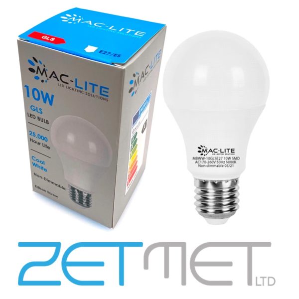 MacLite 10W LED GLS E27 ES Non-Dimmable Bulb Cool White (6000K)