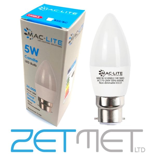 MacLite 5W LED Candle B22 BC Non-Dimmable Bulb Cool White (6000K)