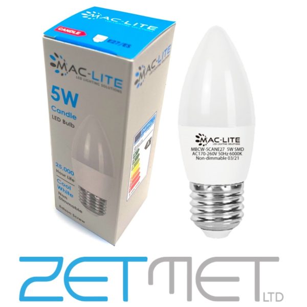MacLite 5W LED Candle E27 ES Non-Dimmable Bulb Cool White (6000K)