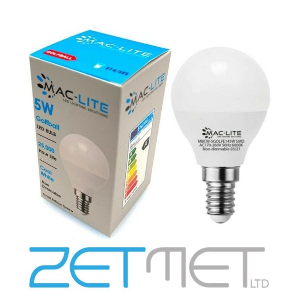 MacLite 5W LED Golfball E14 SES Non-Dimmable Bulb Cool White (6000K)