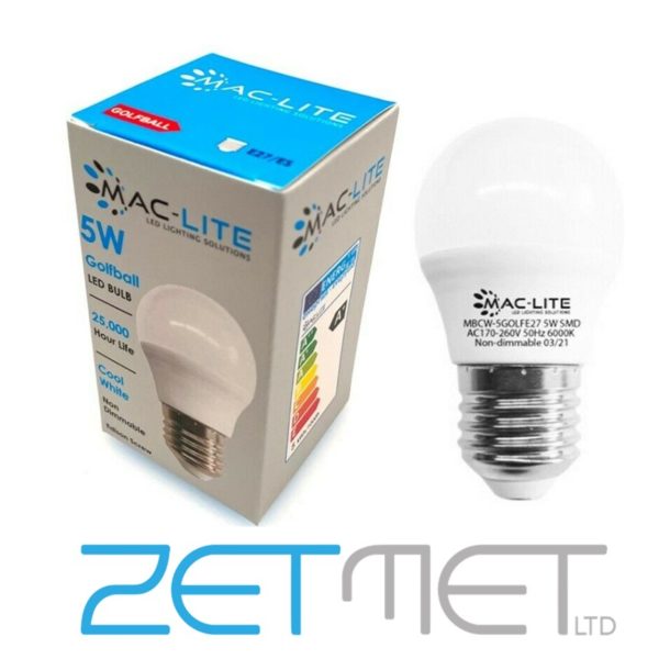 MacLite 5W LED Golfball E27 ES Non-Dimmable Bulb Cool White (6000K)