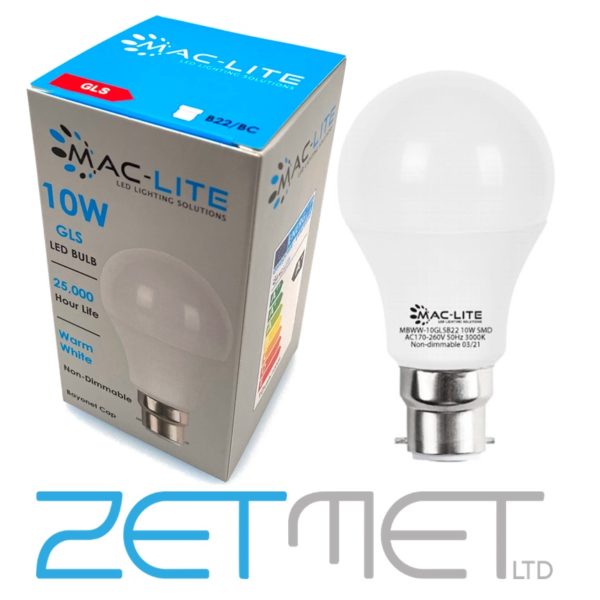 MacLite 10W LED GLS B22 BC Non-Dimmable Bulb Warm White (3000K)