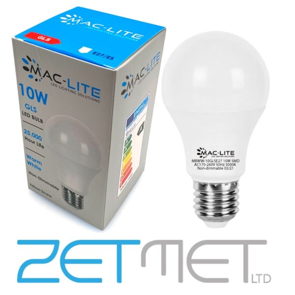 MacLite 10W LED GLS E27 ES Non-Dimmable Bulb Warm White (3000K)