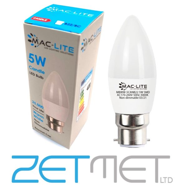 MacLite 5W LED Candle B22 BC Non-Dimmable Bulb Warm White (3000K)