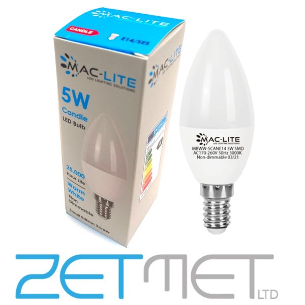 MacLite 5W LED Candle E14 SES Non-Dimmable Bulb Warm White (3000K)