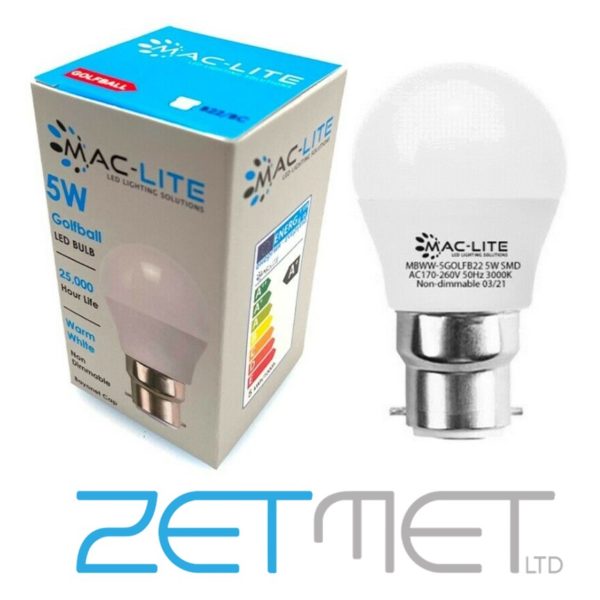 MacLite 5W LED Golfball B22 BC Non-Dimmable Bulb Warm White (3000K)