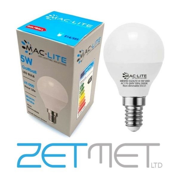 MacLite 5W LED Golfball E14 SES Non-Dimmable Bulb Warm White (3000K)