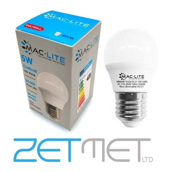MacLite 5W LED Golfball E27 ES Non-Dimmable Bulb Warm White (3000K)
