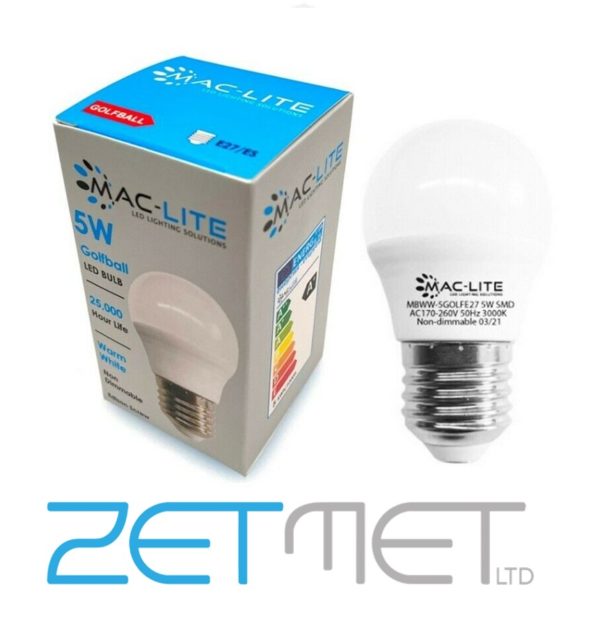 MacLite 5W LED Golfball E27 ES Non-Dimmable Bulb Warm White (3000K)