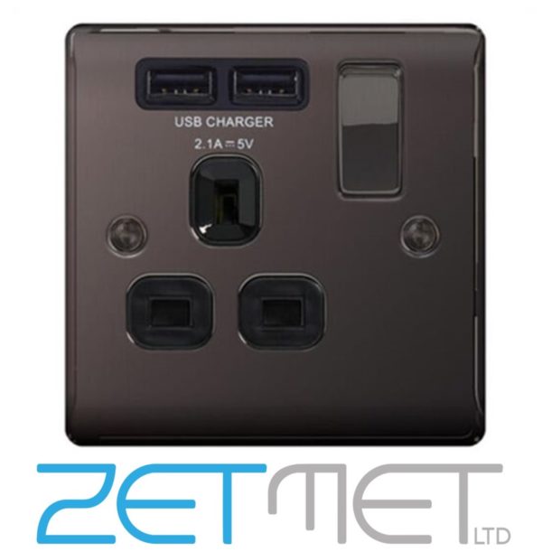 BG Nexus NBN21U2B Black Nickel 13 Amp 1 Gang Switched Socket With 2 USB Ports Black Insert