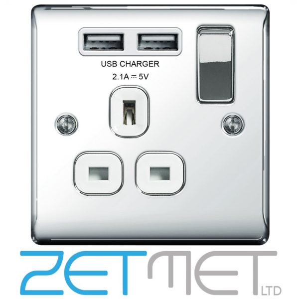 BG Nexus NPC21U2W Polished Chrome 13 Amp 1 Gang Switched Socket With 2 USB Ports White Insert