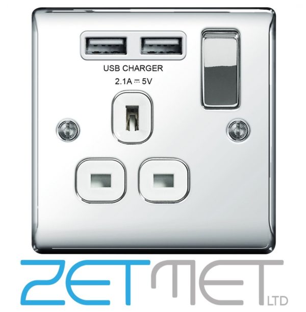 BG Nexus NPC21U2W Polished Chrome 13 Amp 1 Gang Switched Socket With 2 USB Ports White Insert