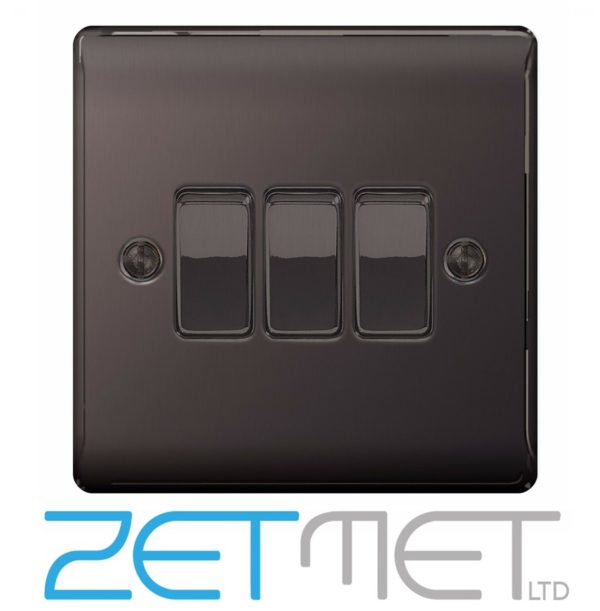 BG Nexus NBN43 Black Nickel 10 Amp 3 Gang 2 Way Metal Light Switch Plate