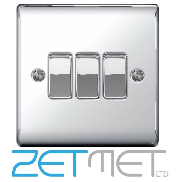 BG Nexus NPC43 Polished Chrome 10 Amp 3 Gang 2 Way Metal Light Switch Plate