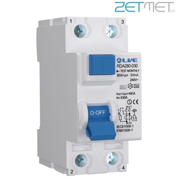 Live Electrical RDA280-030 80 Amp Double Pole 30mA 6kA 230V Type A RCD
