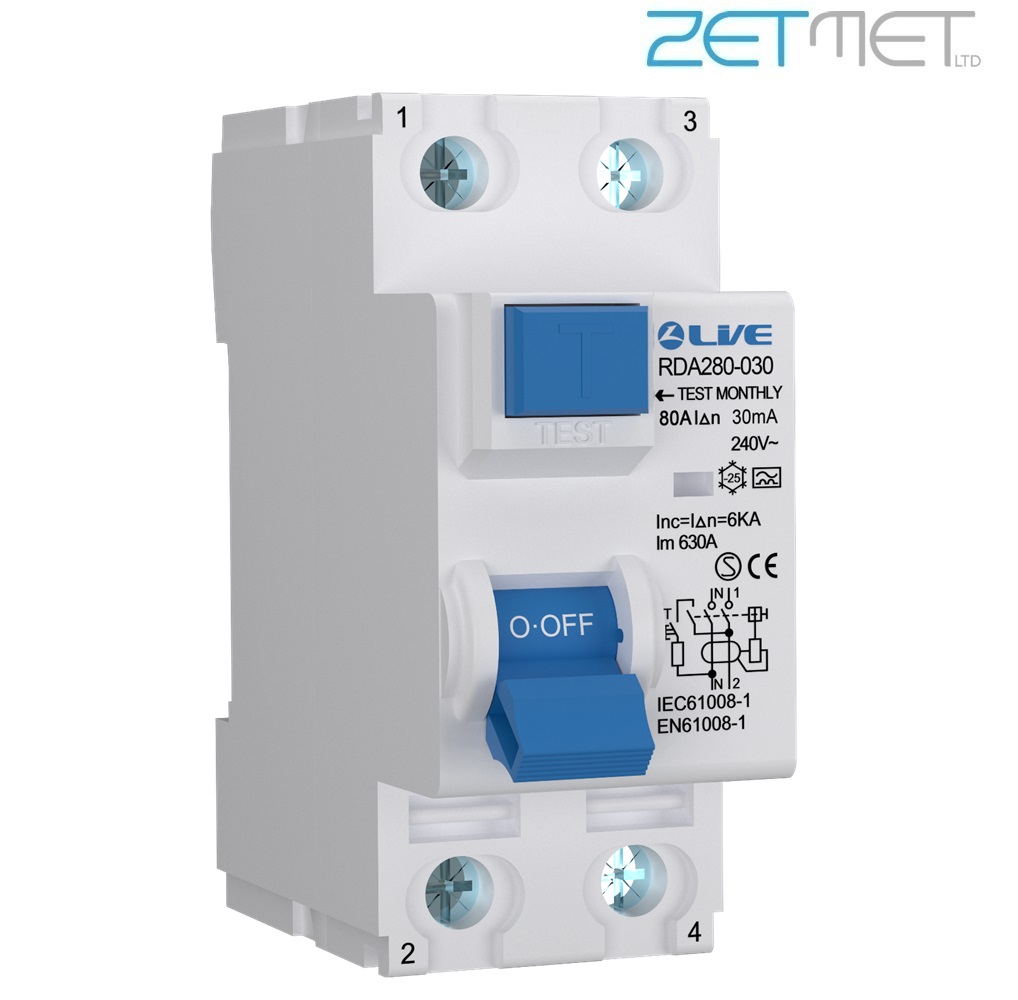 Live Electrical RDA280-030 80 Amp Double Pole 30mA 6kA 230V Type A RCD