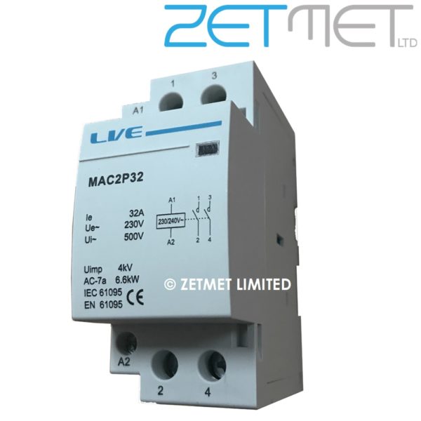 Live Electrical MAC2P32 32 Amp 2 Pole 2 NO Modular Contactor