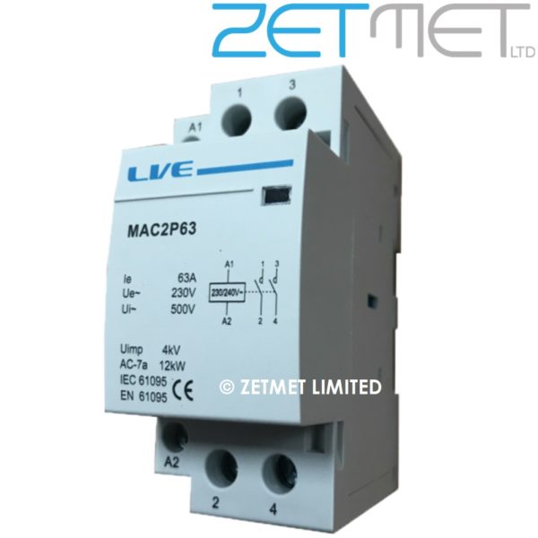 Live Electrical MAC2P63 63 Amp 2 Pole 2 NO Modular Contactor
