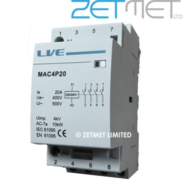 Live Electrical MAC4P20 20 Amp 4 Pole 4 NO Modular Contactor