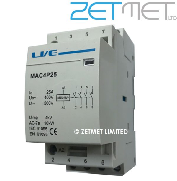 Live Electrical MAC4P25 25 Amp 4 Pole 4 NO Modular Contactor