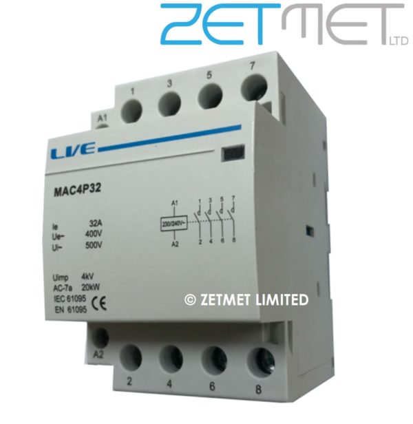 Live Electrical MAC4P32 32 Amp 4 Pole 4 NO Modular Contactor