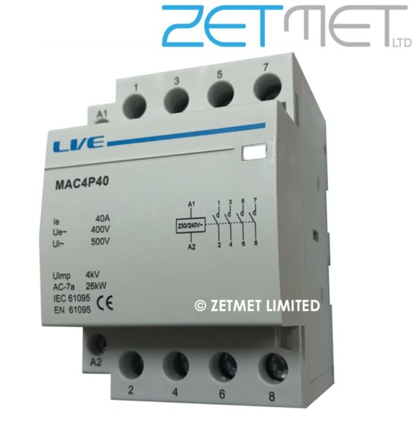 Live Electrical MAC4P40 40 Amp 4 Pole 4 NO Modular Contactor