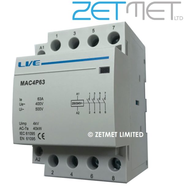 Live Electrical MAC4P63 63 Amp 4 Pole 4 NO Modular Contactor