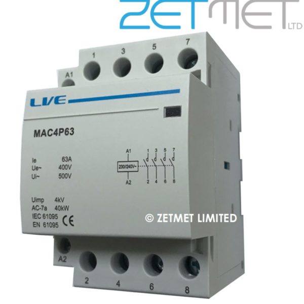 Live Electrical MAC4P63 63 Amp 4 Pole 4 NO Modular Contactor