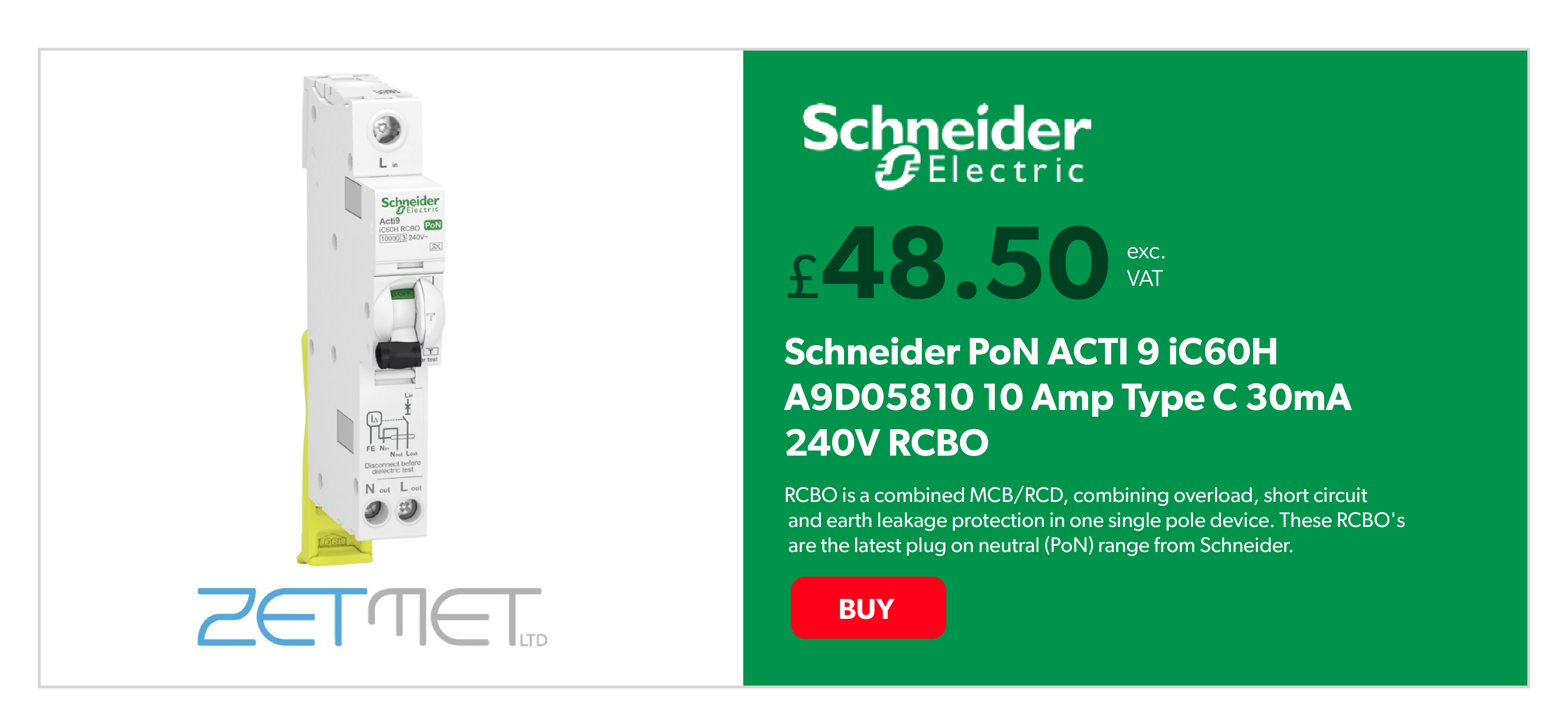 Schneider PoN ACTI 9 iC60H A9D05810 10 Amp Type C 30mA 240V RCBO