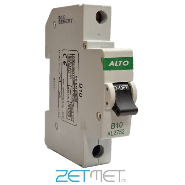 Alto AL2752 10 Amp Single Pole Type B 6kA 240V Miniature Circuit Breaker MCB