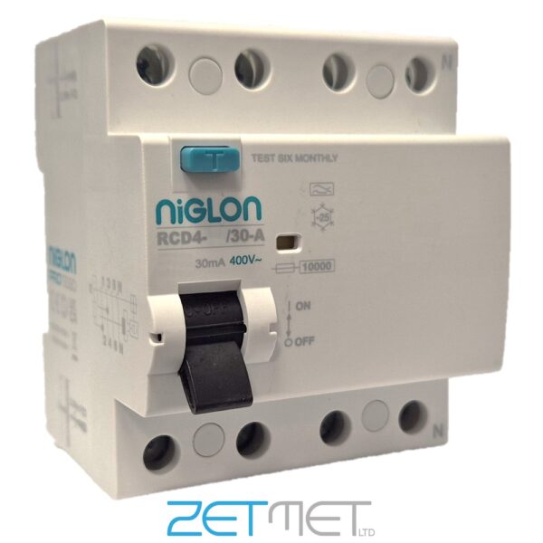 Niglon RCD4-25/30-A 25 Amp Four Pole 30mA 10kA 400V Type A RCD