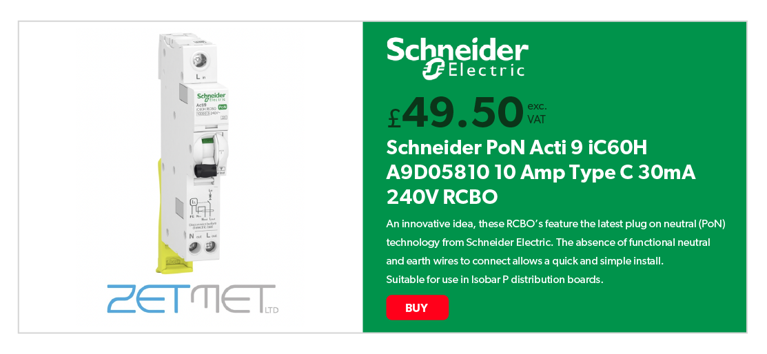 Schneider PoN ACTI 9 iC60H A9D05810 10 Amp Type C 30mA 240V RCBO