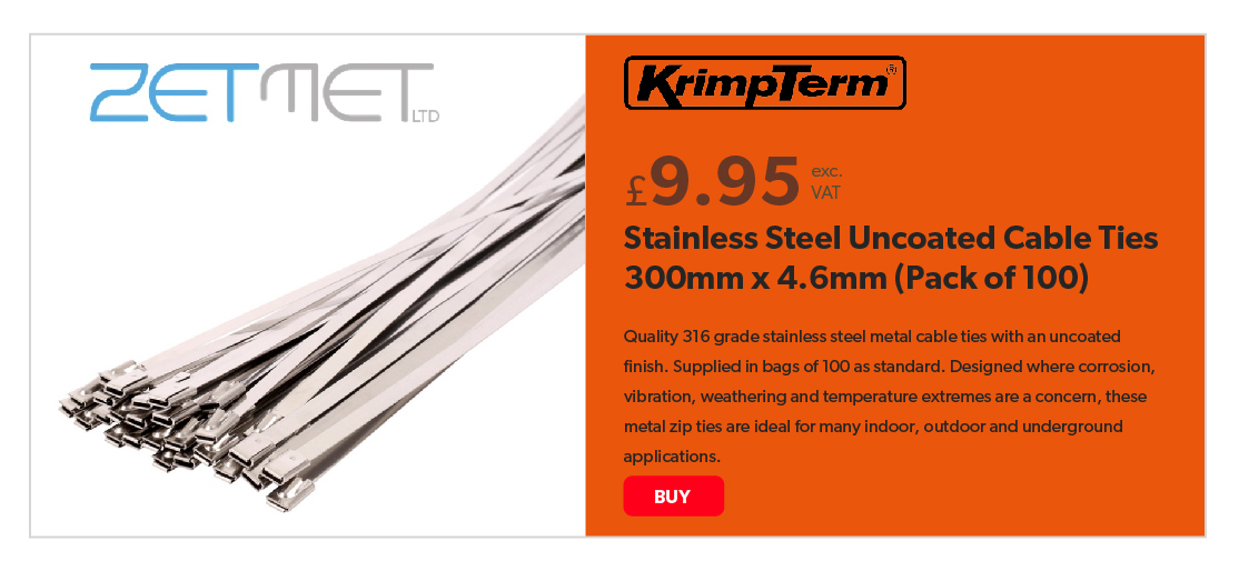 Stainless Steel Uncoated Cable Ties 300mm x 4.6mm (Pack of 100)