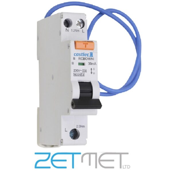 Castlec Blue B6RCBOMINI 6 Amp Single Module B Curve 30mA 230V Miniature Switched Neutral Bi-Directional Type A RCBO
