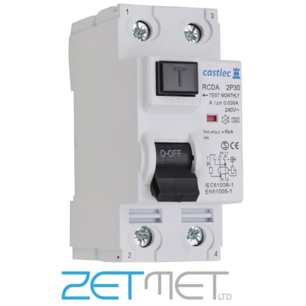Castlec Blue RCDA252P30 25 Amp Double Pole 30mA 6kA 240V Type A RCD