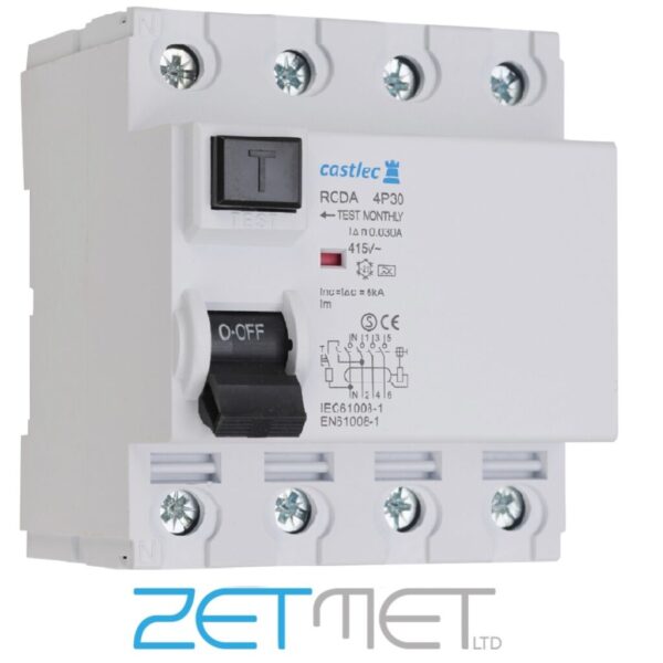Castlec Blue RCDA254P30 25 Amp Four Pole 30mA 6kA 415V Type A RCD