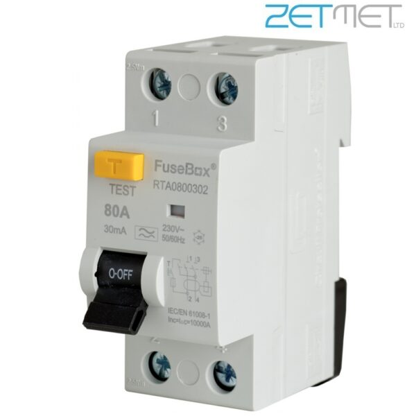 FuseBox RTA800302 80 Amp Double Pole Type A RCD 30mA 230V RCCB