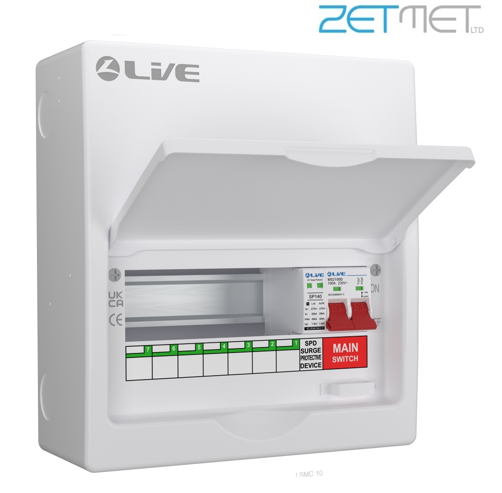 Live Electrical LSMC10M-SP 10 Way 100A Main Switch Metal Consumer Unit + T2 Surge Protection (7 Useable Ways)
