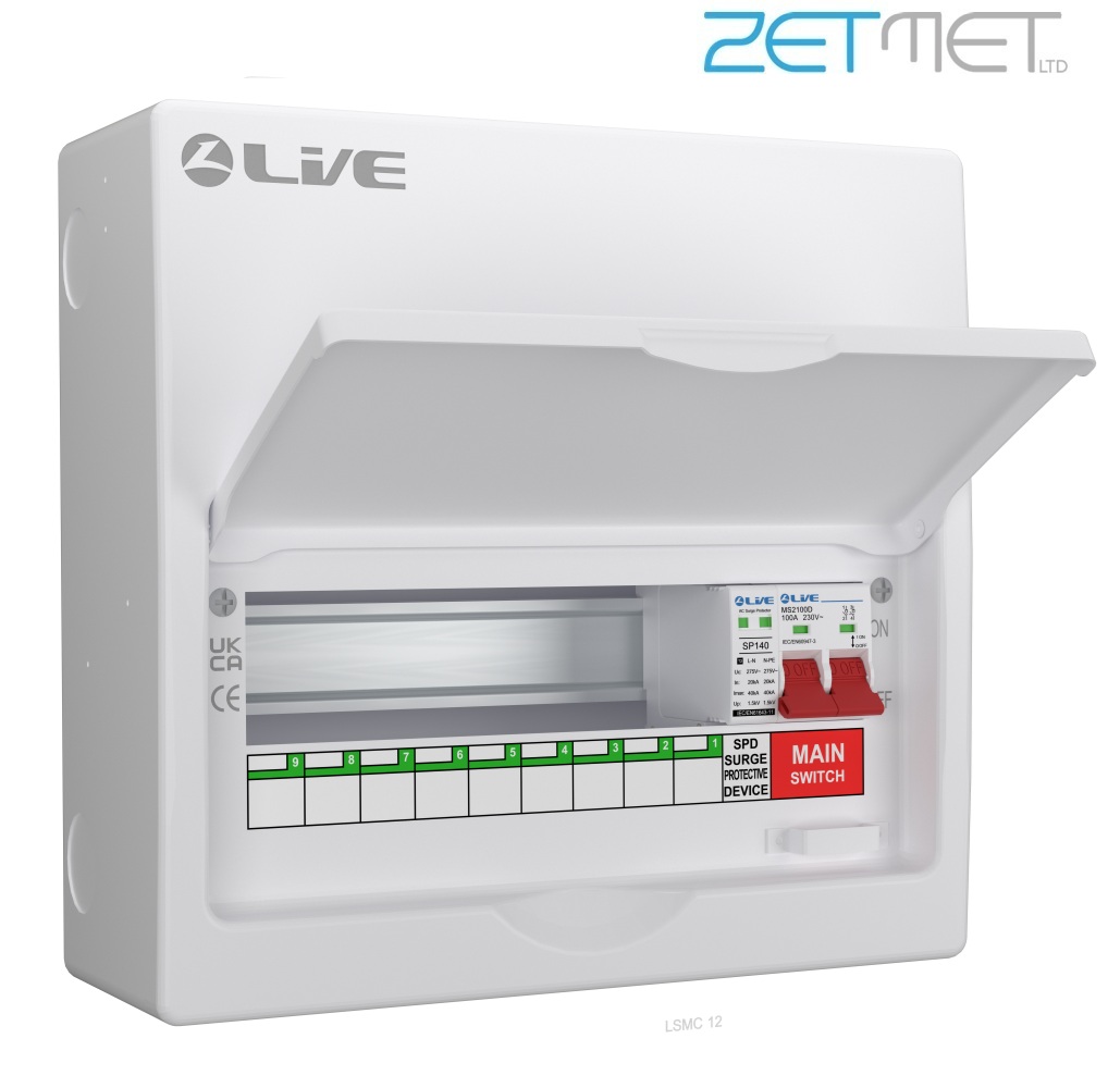 Live Electrical LSMC12M-SP 12 Way 100A Main Switch Metal Consumer Unit + T2 Surge Protection (9 Useable Ways)