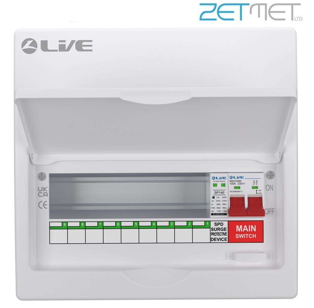Live Electrical LSMC12M-SP 12 Way 100A Main Switch Metal Consumer Unit + T2 Surge Protection (9 Useable Ways) - Image 2