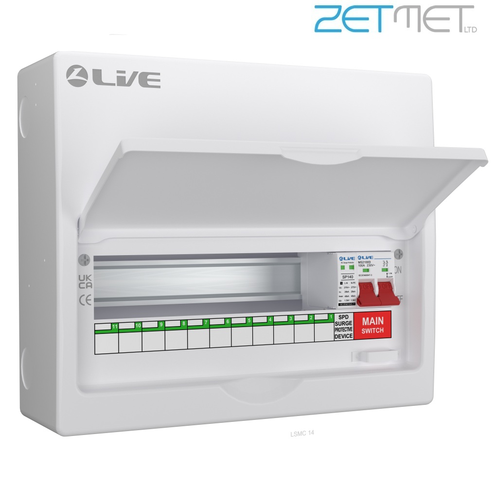 Live Electrical LSMC14M-SP 14 Way 100A Main Switch Metal Consumer Unit + T2 Surge Protection (11 Useable Ways)