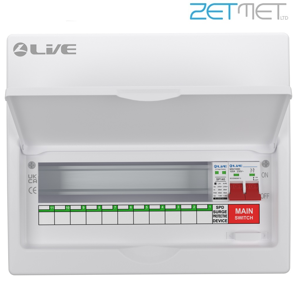 Live Electrical LSMC14M-SP 14 Way 100A Main Switch Metal Consumer Unit + T2 Surge Protection (11 Useable Ways) - Image 2